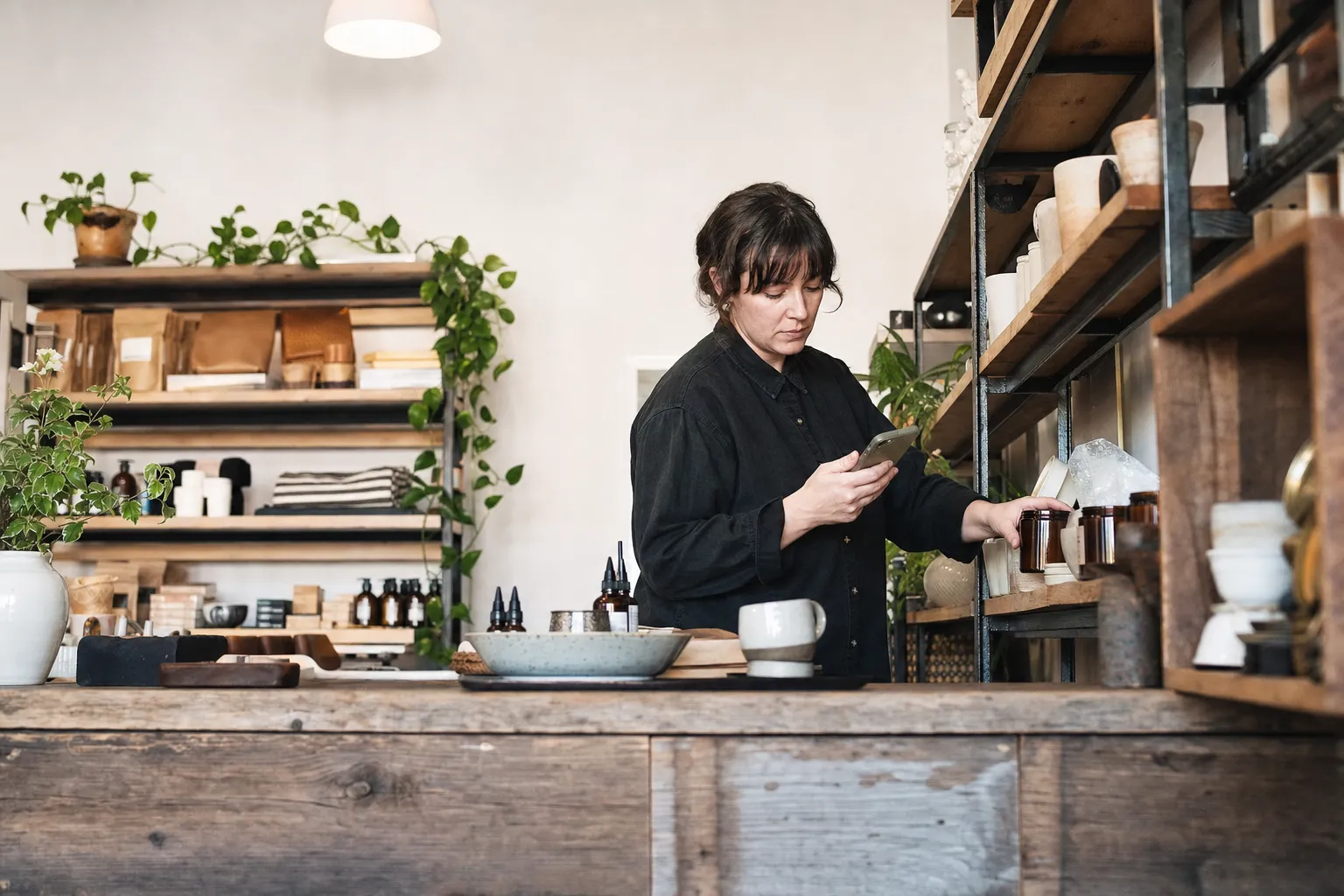 Shop owner glances at a phone while restocking shelves behind the counter