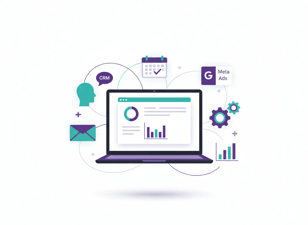 Illustration of a connected small-business tech stack: CRM, email, automation, calendar, ads and analytics