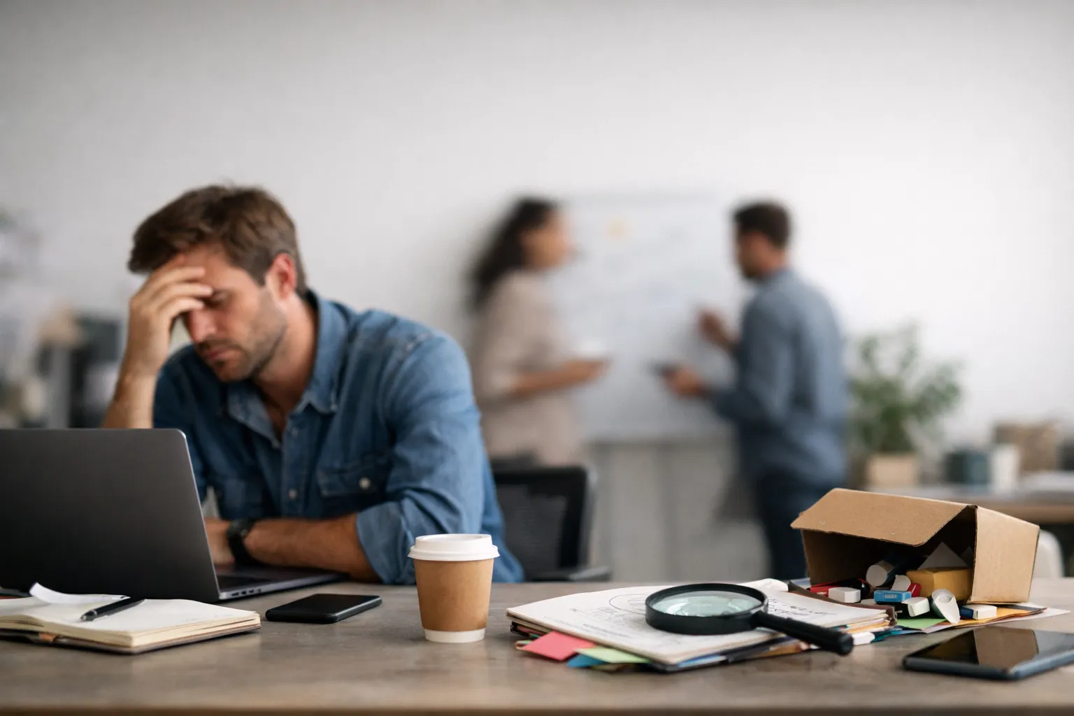 A man at a cluttered desk rubs his forehead over a laptop while two colleagues talk at a whiteboard behind him