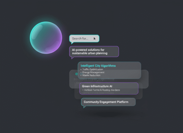AI search interface with generative result bubbles and teal and purple UI accents.