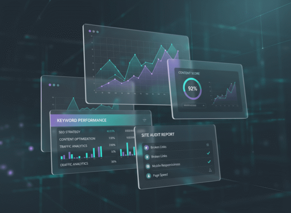 Floating UI panels showing analytics, keyword dashboards, and site audit tools integrated together.