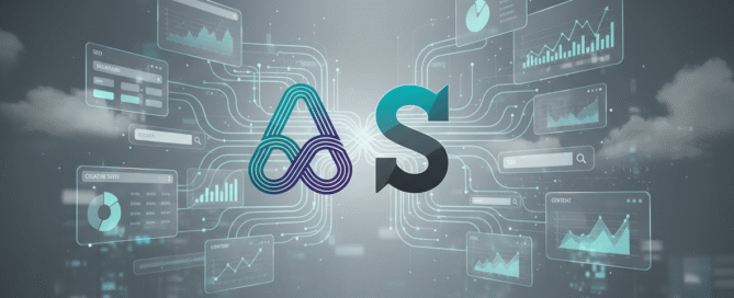Illustration of Adobe acquiring Semrush with digital marketing dashboards in teal and purple.