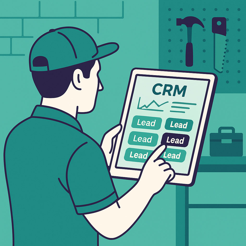 Illustration-of-a-contractor-using-a-tablet-with-a-CRM-dashboard,-set-in-a-workshop-environment-with-teal-and-dark-purple-branding