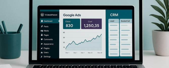 Laptop-displaying-WordPress,-Google-Ads,-and-CRM-dashboards-together-on-one-screen,-in-teal-and-dark-purple-branding