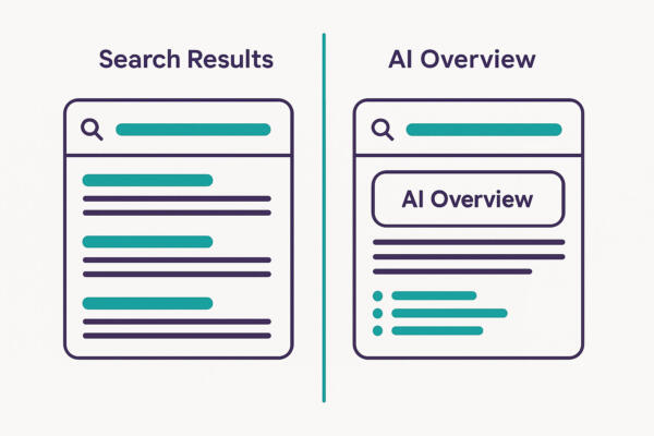 Side-by-side-illustration-comparing-traditional-search-engine-results-with-an-AI-generated-overview,-using-teal-and-dark-purple-branding