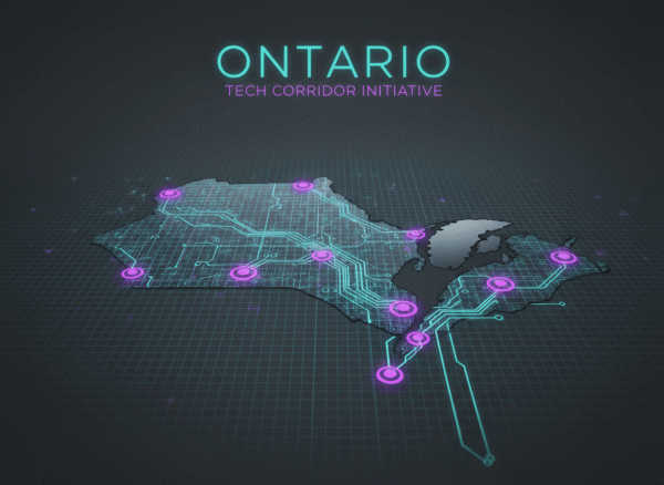 Stylized map of Ontario with digital data nodes representing regional online visibility.