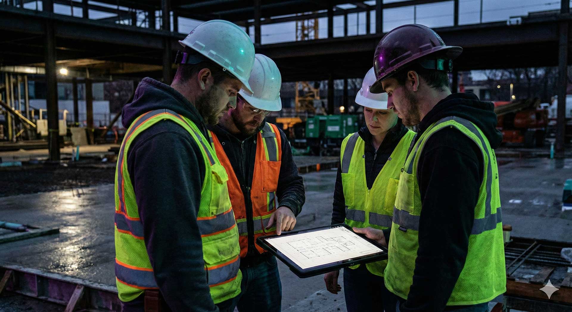 “Construction crew using a tablet on a job site.”