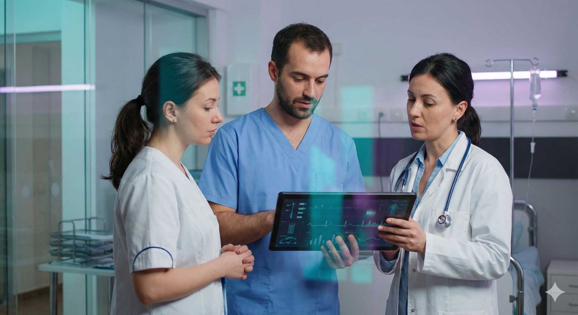 “Healthcare staff reviewing digital charts on a tablet.”