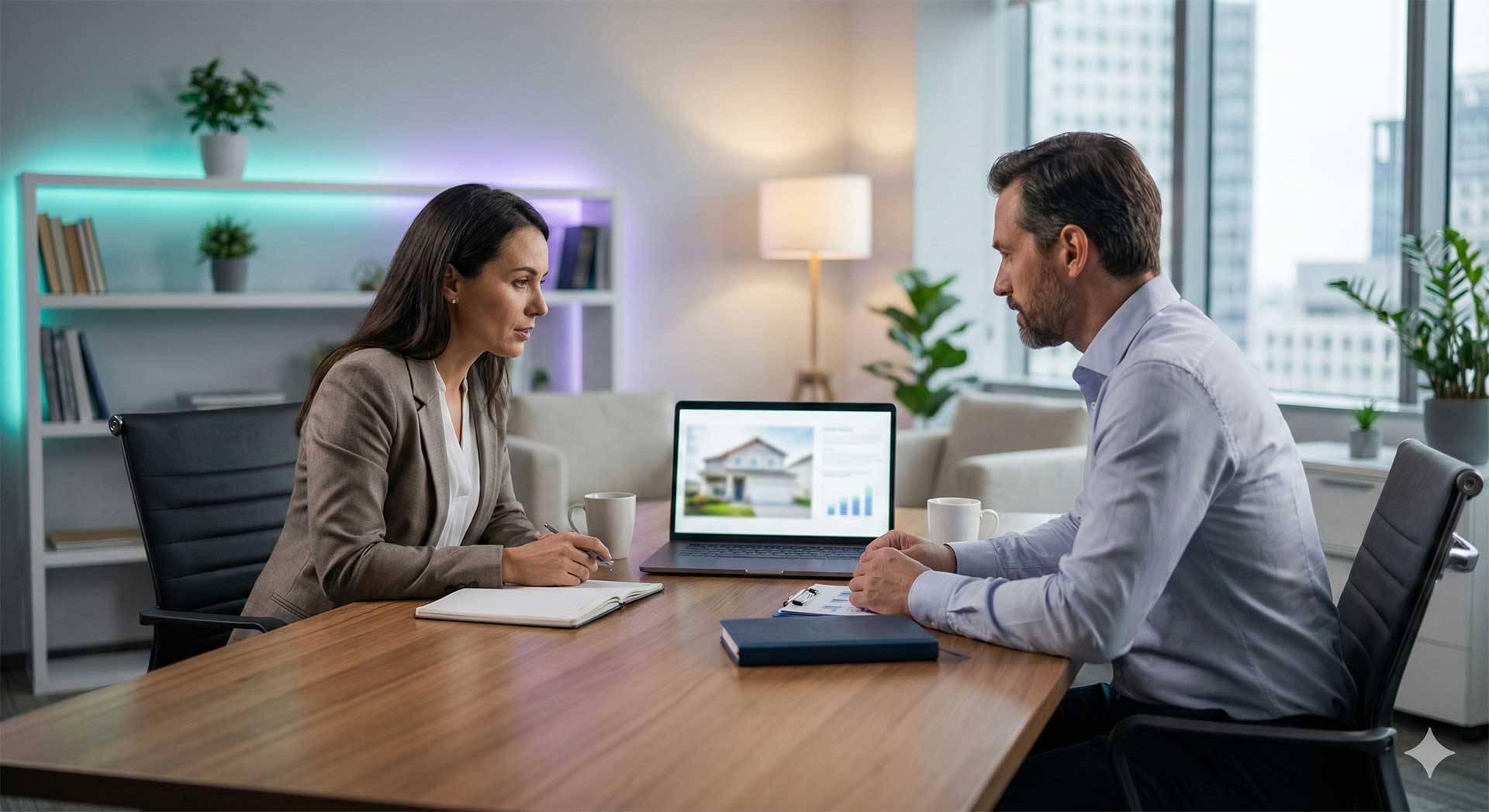 “Real estate agents reviewing listings on a digital device.”